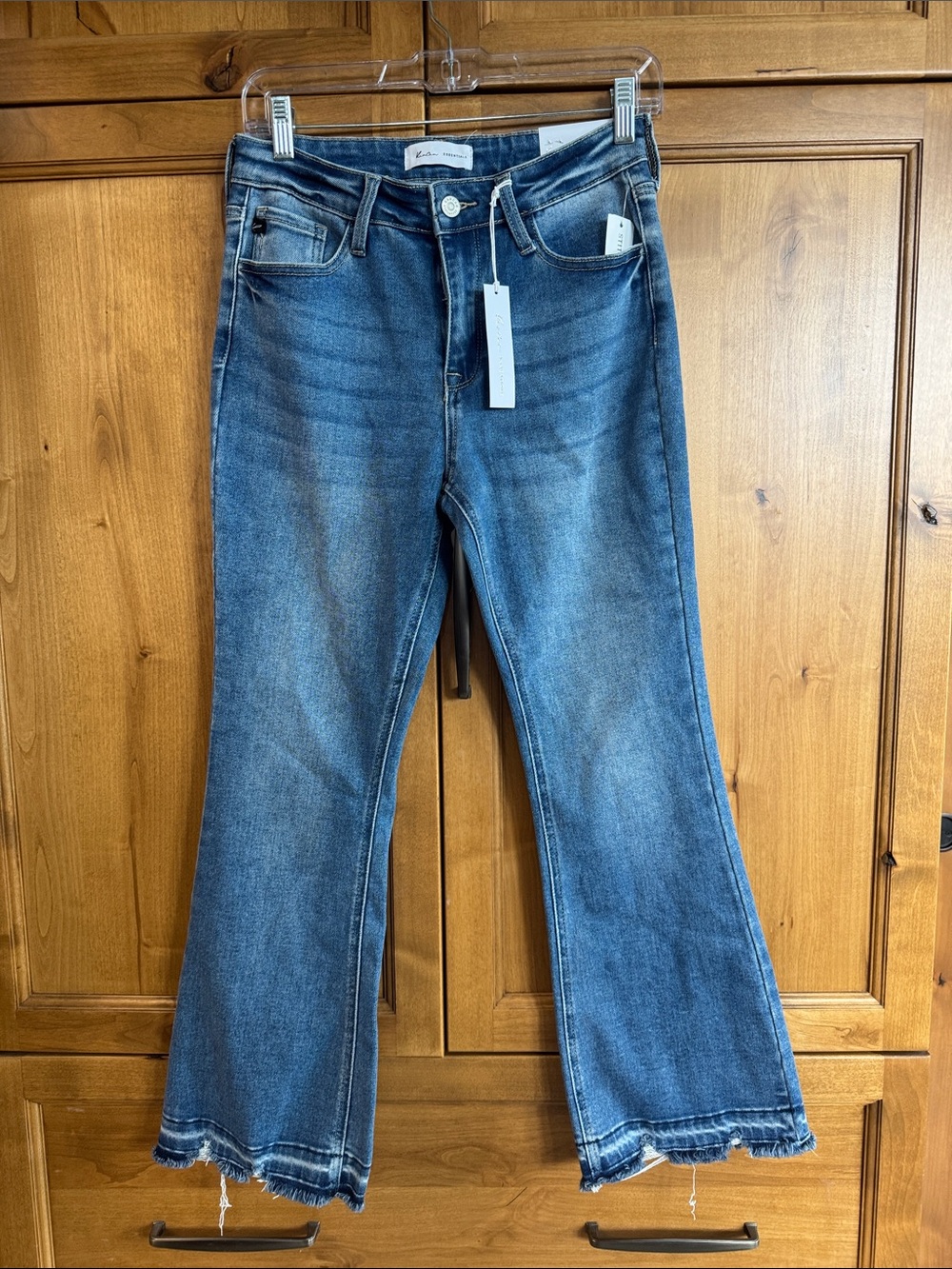 KanCan Medium Blue Cropped Flare Jeans with Raw Hem